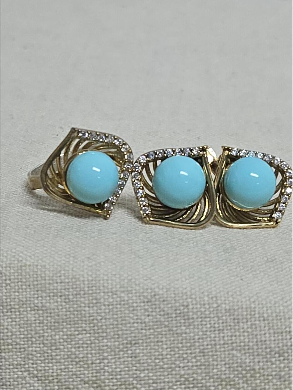 Vintage Sterling Silver 925 Turquoise Cabochon Halo Ring & Earrings Set